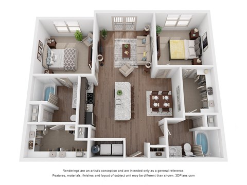 Floor plan for 2 beds, 2 baths, 1053 sqft